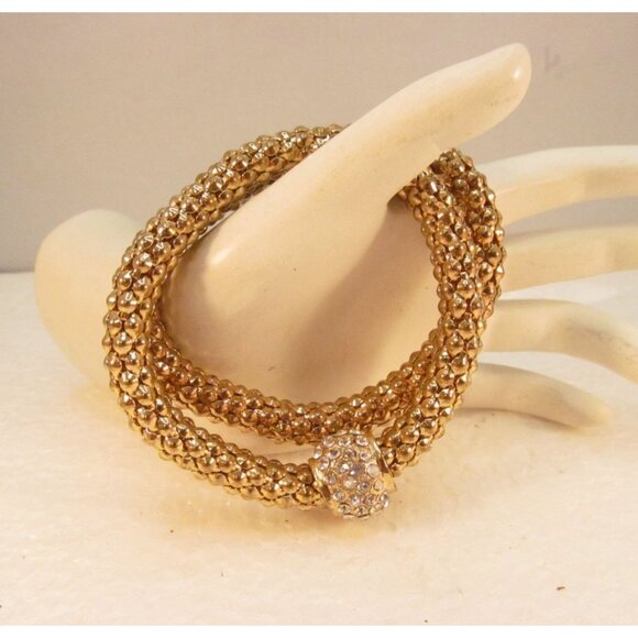 Gold Tone Stretch Metal Mesh Tube Rhinestone Bracelet 2 Piece Lot - Picture 11 of 15
